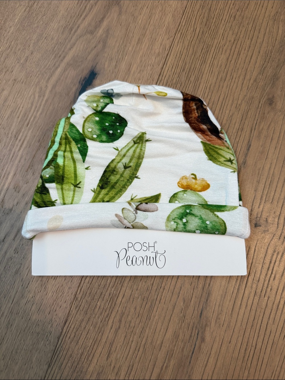 Posh Peanut White Beanie with Green Cactus Print